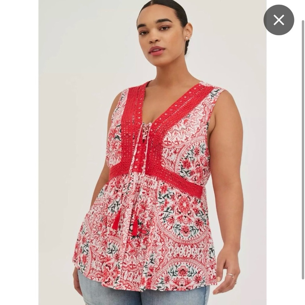 🌼 Torrid Boho Print Crochet Detail Sleeveless Blouse 2X